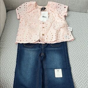 OshKosh B'gosh Pink Eyelet Top and Denim Pants Set